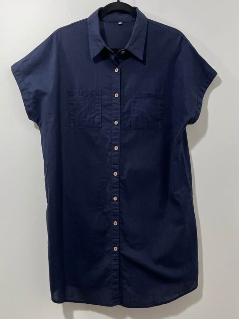 Button Front Patch Pocket Navy Cotton Summer Dress | Coastal Minimalist [size L] - Picture 2 of 8
